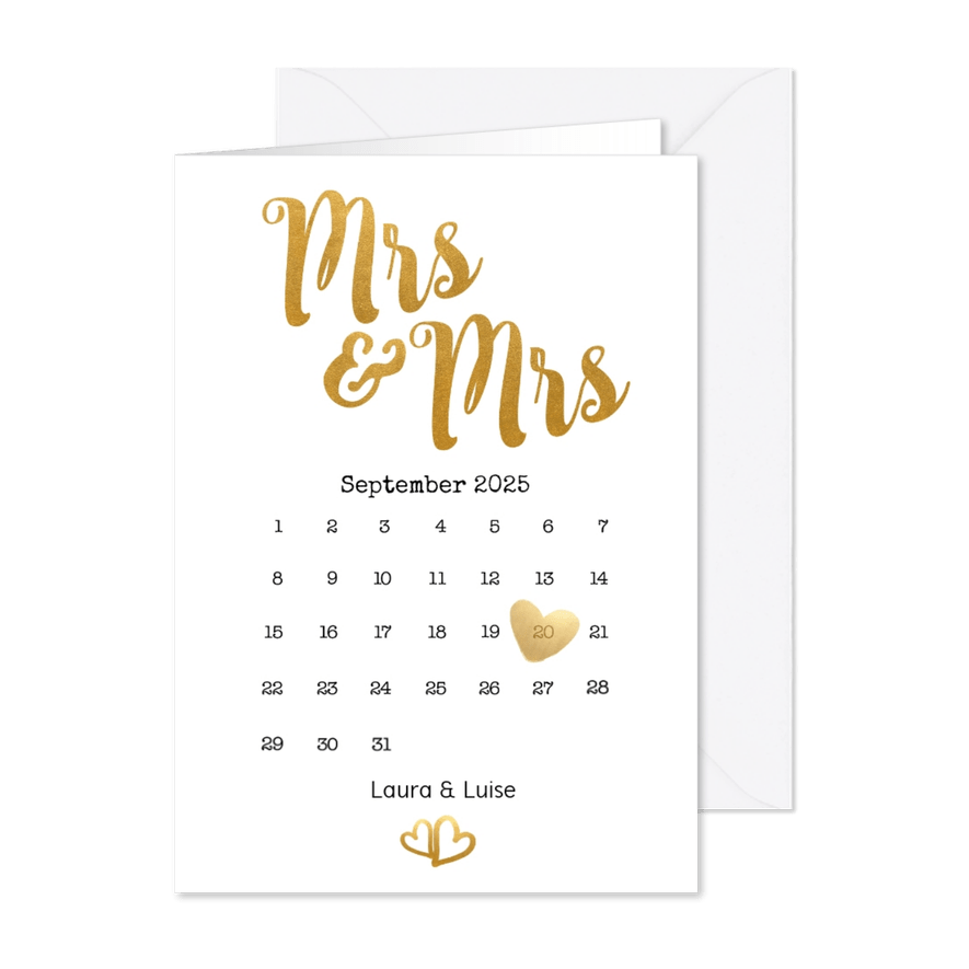 Einladung zur Hochzeit Mrs. & Mrs. Buchstaben in Goldlook - Karteneindruck