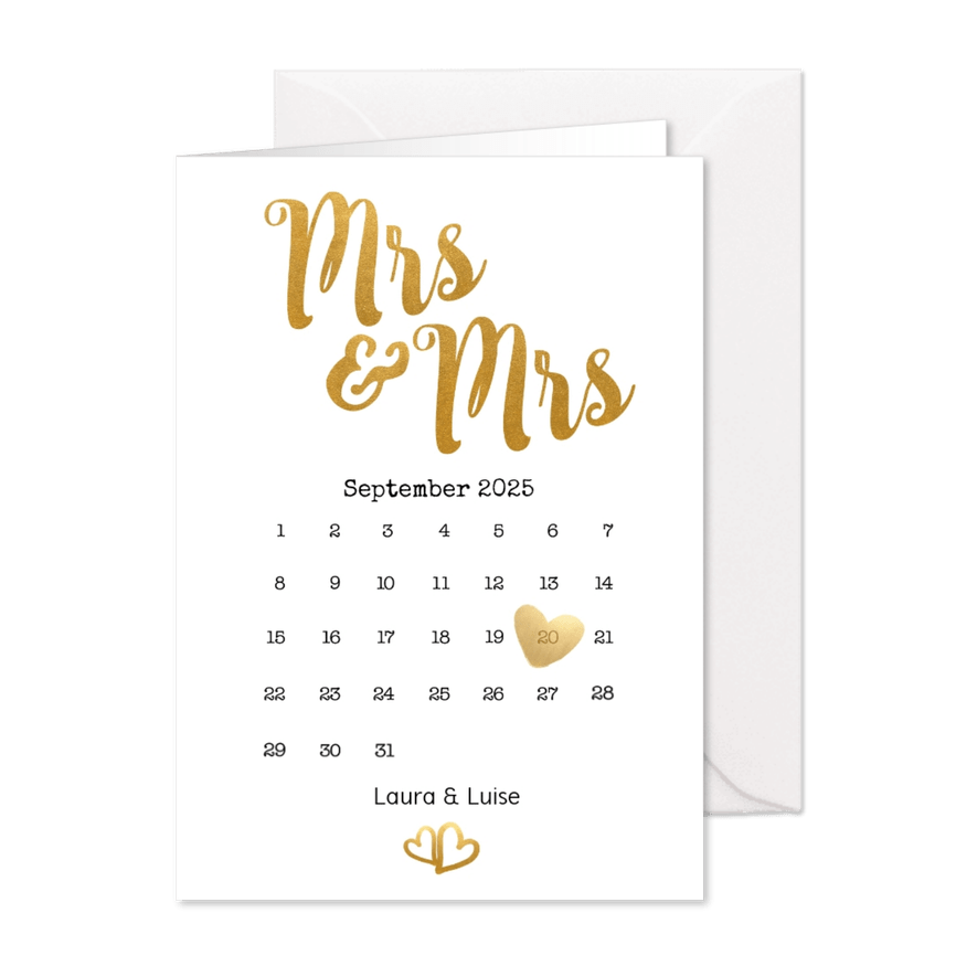 Einladung zur Hochzeit Mrs. & Mrs. Buchstaben in Goldlook - Karteneindruck
