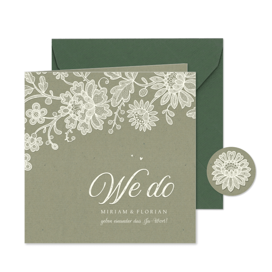 Einladung zur Hochzeit romantisch Spitze olivgrün - Karteneindruck