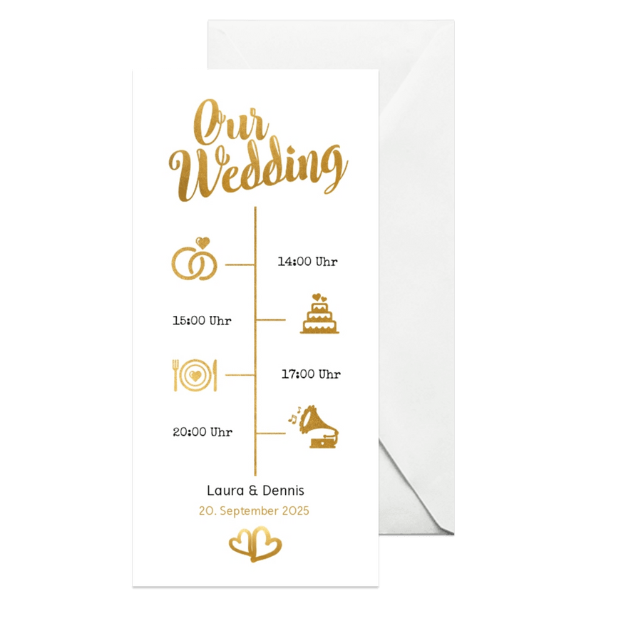 Einladung zur Hochzeit Timeline & Buchstaben in Goldlook - Karteneindruck
