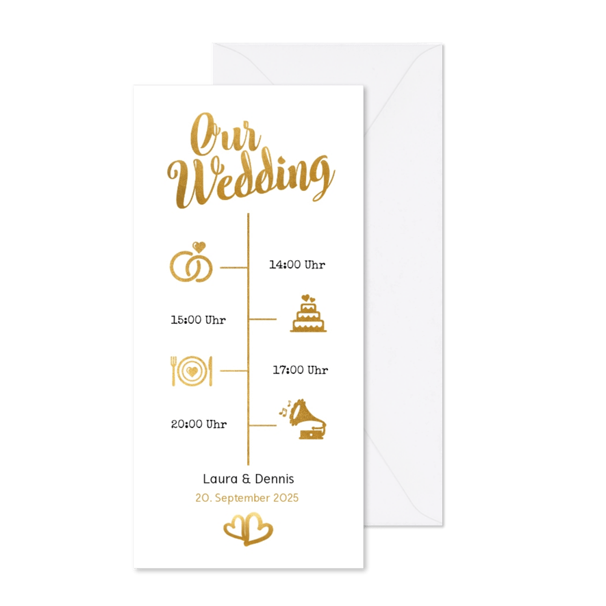 Einladung zur Hochzeit Timeline & Buchstaben in Goldlook - Karteneindruck