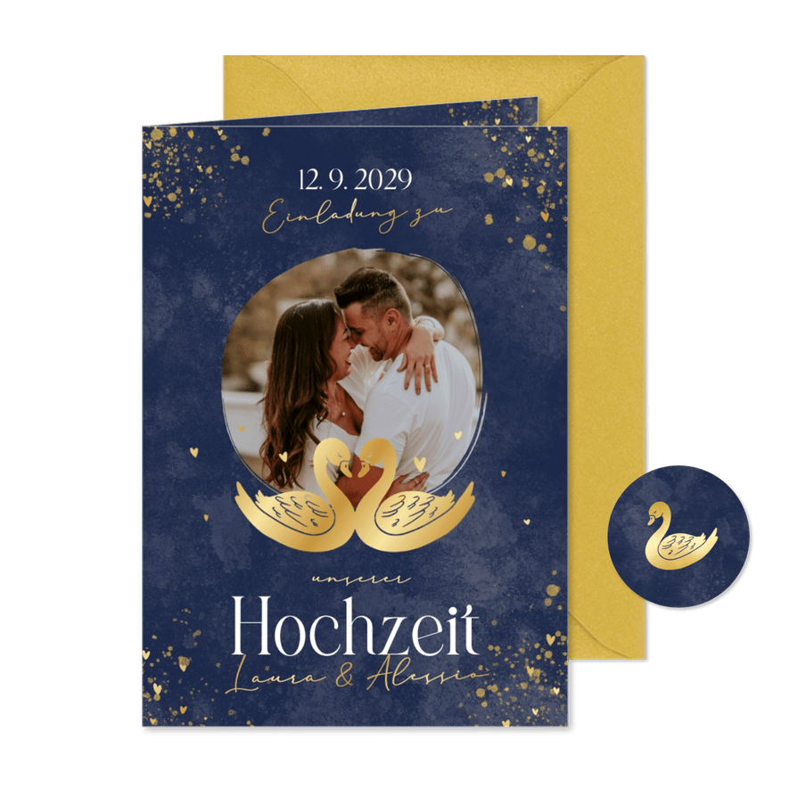 Einladung zur Hochzeit zwei goldene Schwäne - Karteneindruck