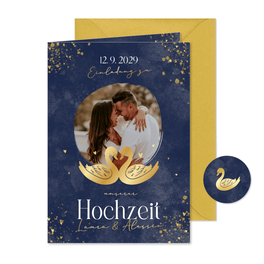 Einladung zur Hochzeit zwei goldene Schwäne - Karteneindruck
