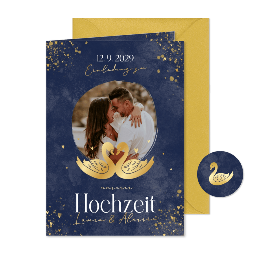 Einladung zur Hochzeit zwei goldene Schwäne - Karteneindruck
