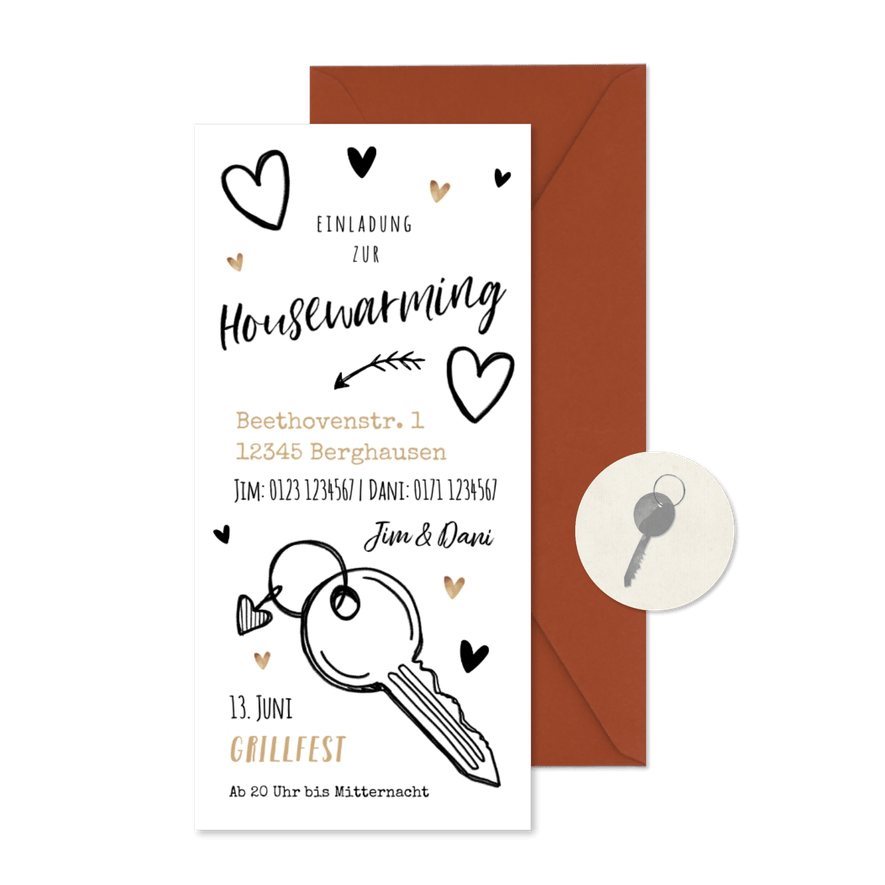 Einladung zur Housewarming Herzen und Schlüssel - Karteneindruck
