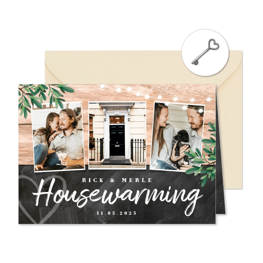 Einladung zur Housewarming Holz und Kreide mit 4 Fotos - Karteneindruck
