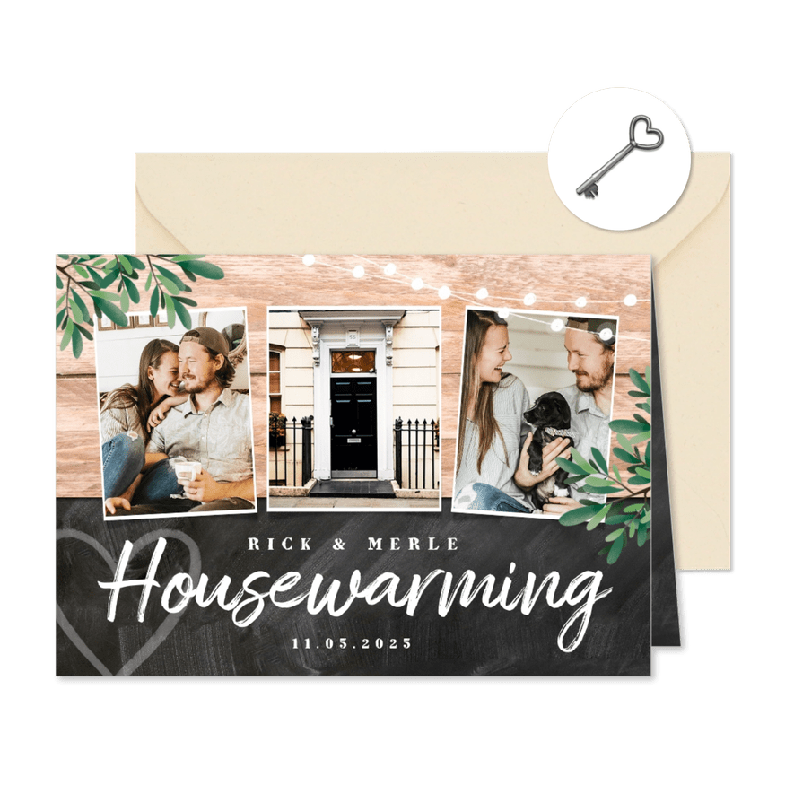 Einladung zur Housewarming Holz und Kreide mit 4 Fotos - Karteneindruck