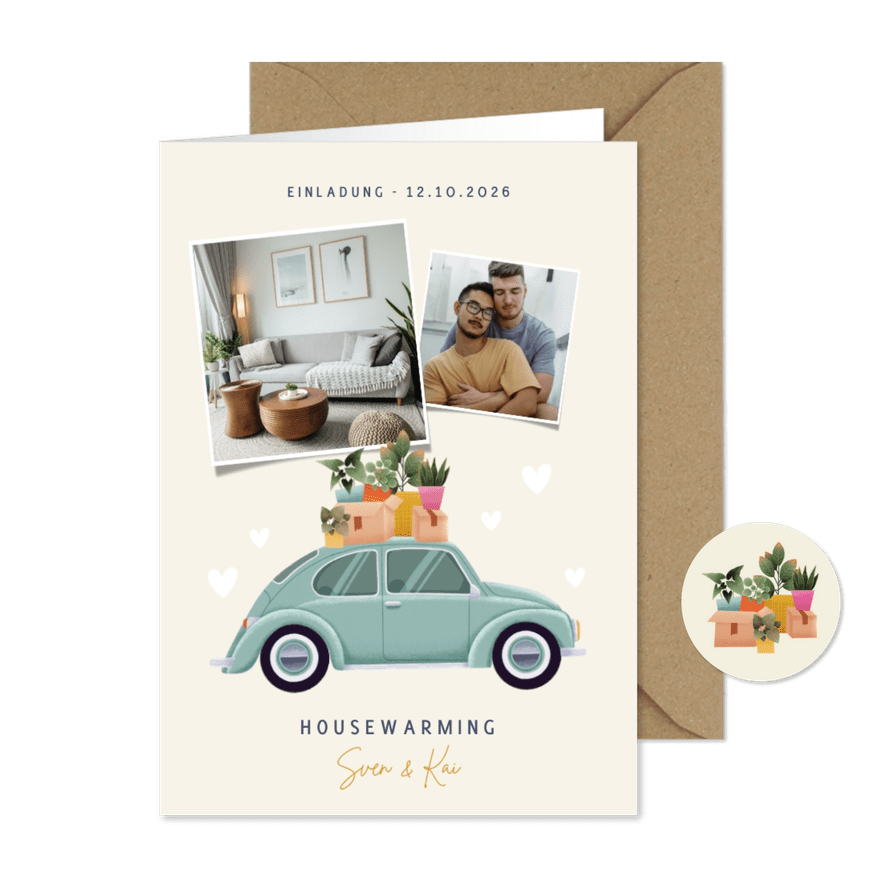 Einladung zur Housewarming Käfer & Fotos - Karteneindruck
