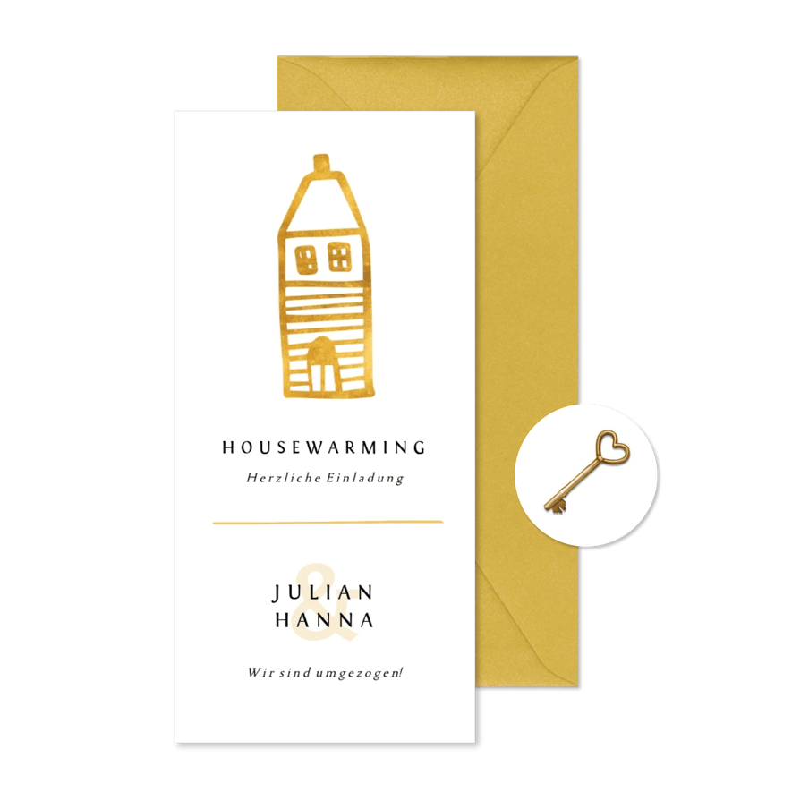 Einladung zur Housewarming mit goldenem Haus - Karteneindruck

