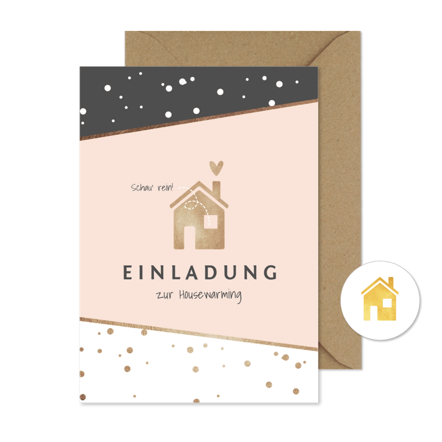 Einladung zur Housewarming-Party Haus mit Herz rosa - Karteneindruck
