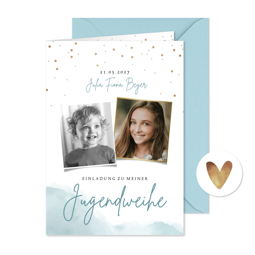 Einladung zur Jugendweihe Aquarell und Fotos - Karteneindruck
