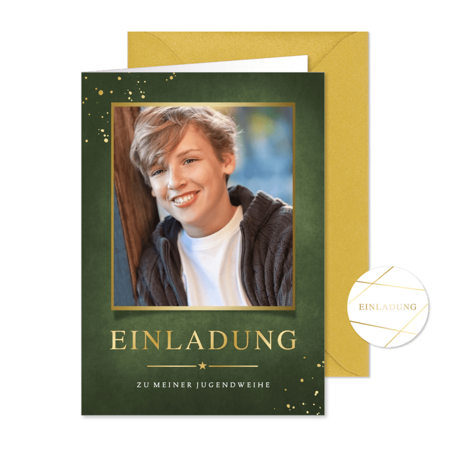 Einladung zur Jugendweihe Foto gold - Karteneindruck