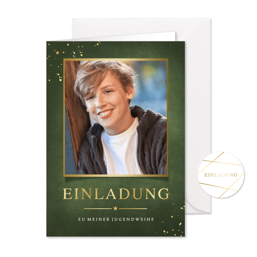 Einladung zur Jugendweihe Foto gold - Karteneindruck
