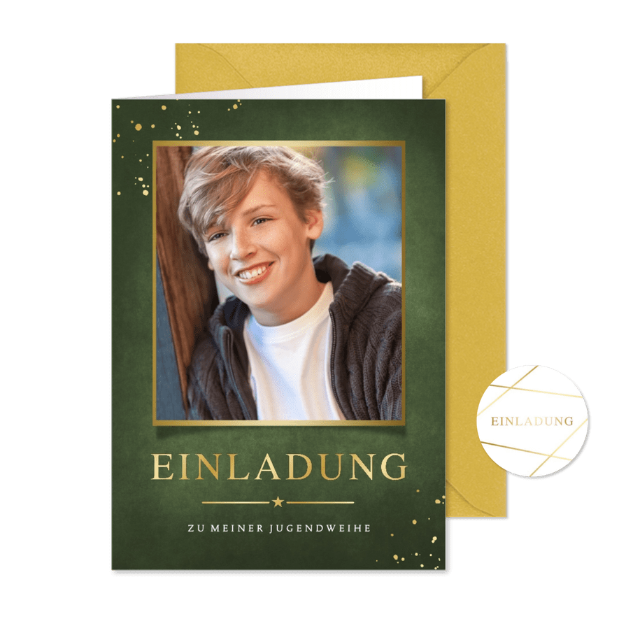 Einladung zur Jugendweihe Foto gold - Karteneindruck
