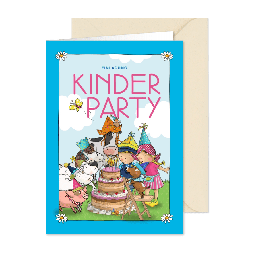 Einladung zur Kinderparty 'Fien & Teun' Tiere mit Torte - Karteneindruck