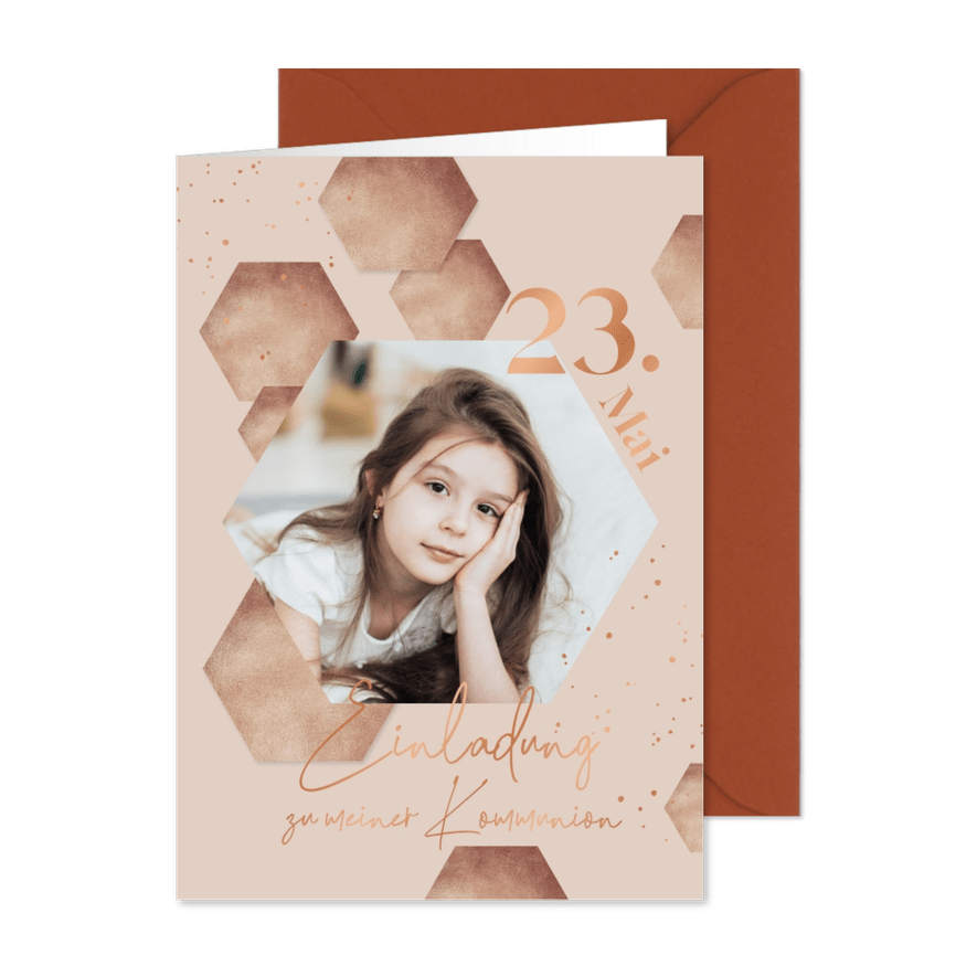 Einladung zur Kommunion beige Sechsecke & Foto - Karteneindruck