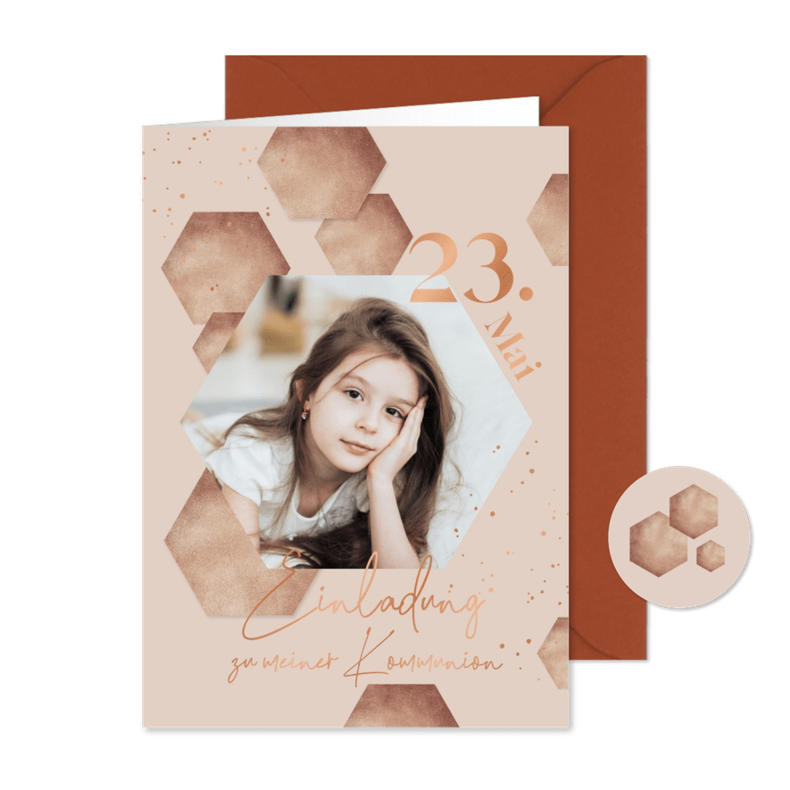 Einladung zur Kommunion beige Sechsecke & Foto - Karteneindruck