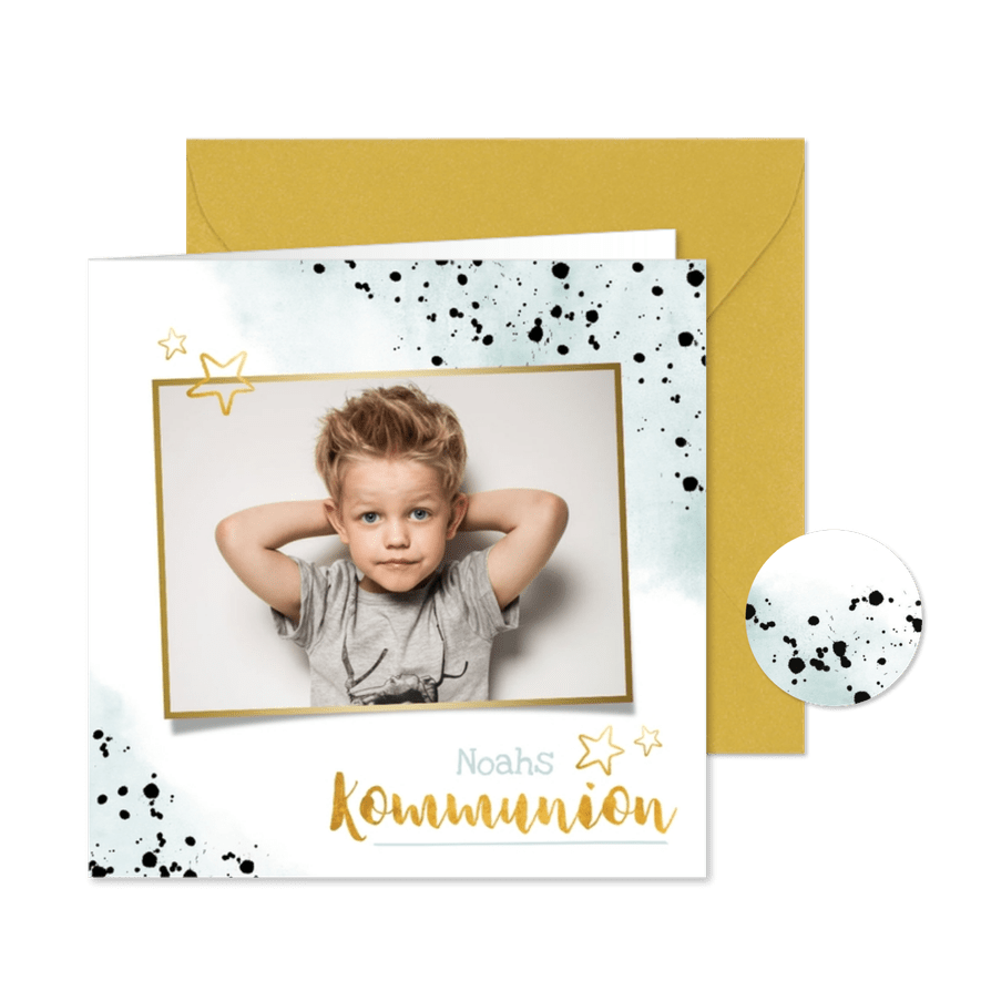 Einladung zur Kommunion blau Aquarell mit Foto & Sternen - Karteneindruck