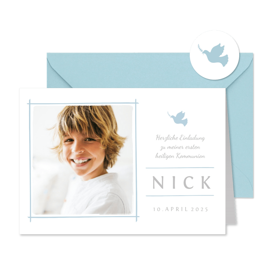 Einladung zur Kommunion blau schlichte Eleganz mit Foto - Karteneindruck