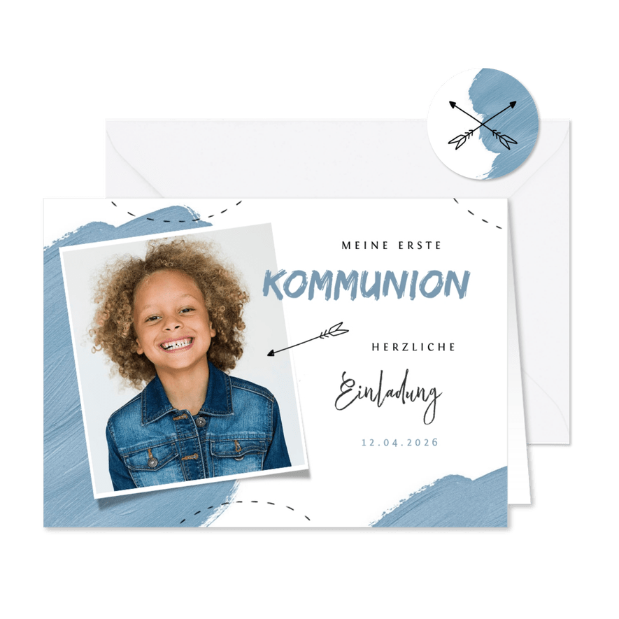 Einladung zur Kommunion blaue Farbkleckse - Kartenvorschau