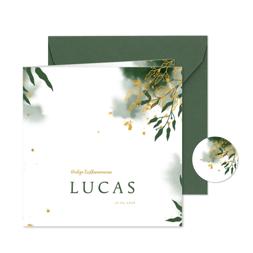 Einladung zur Kommunion botanisch & Goldakzente - Karteneindruck
