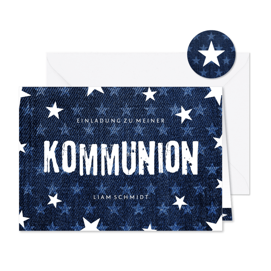Einladung zur Kommunion Denim & Sterne Foto innen - Karteneindruck