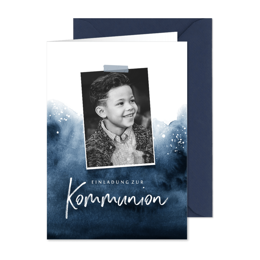 Einladung zur Kommunion Foto & Wasserfarbe dunkelblau - Karteneindruck