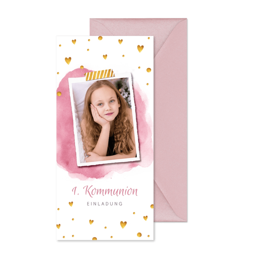 Einladung zur Kommunion Foto, Herzen und Wasserfarbe - Karteneindruck
