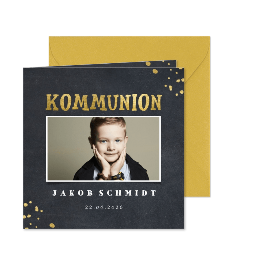 Einladung zur Kommunion Foto, Kreidetafel & Goldoptik - Karteneindruck
