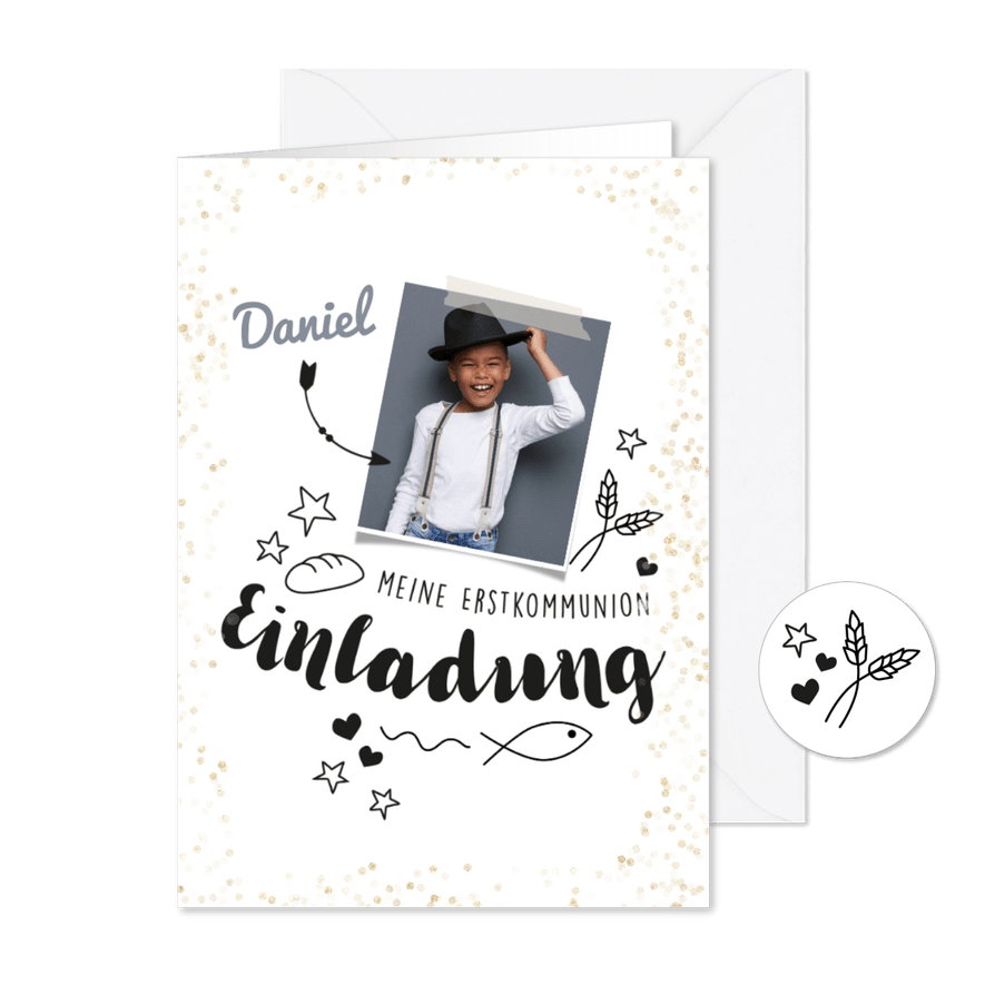 Einladung zur Kommunion Foto und Doodles - Karteneindruck
