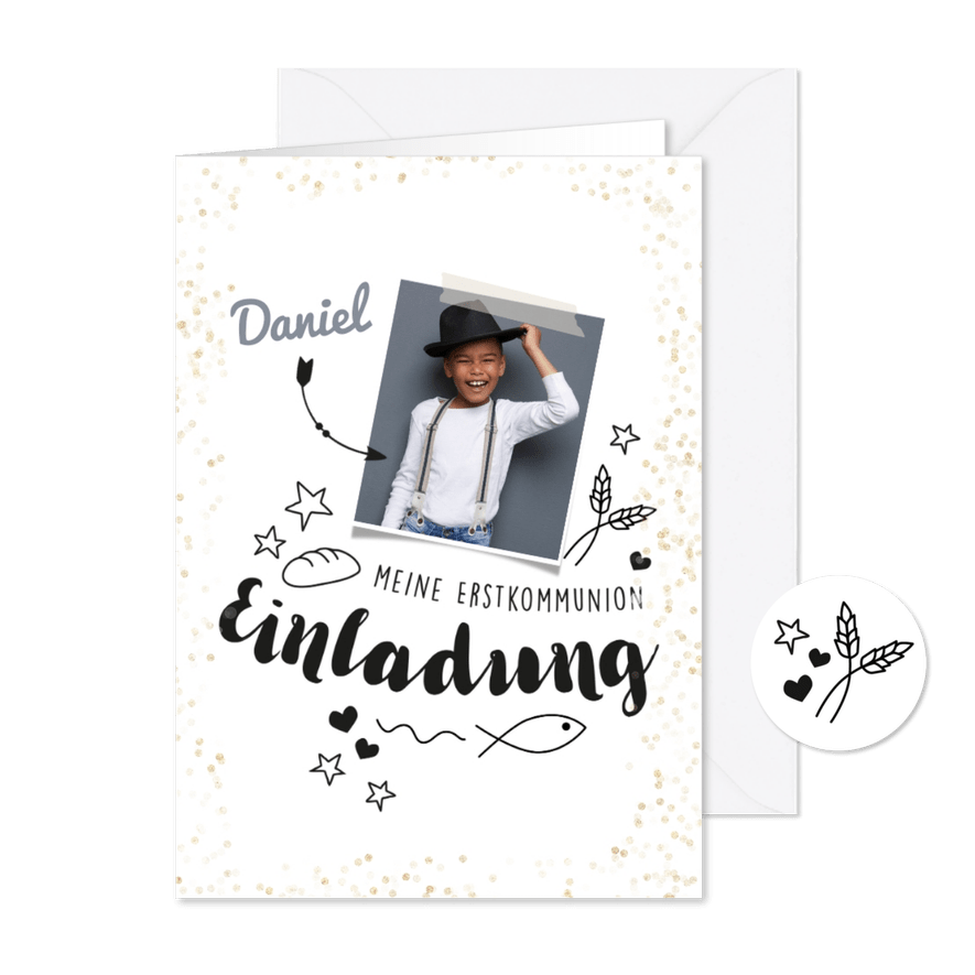Einladung zur Kommunion Foto und Doodles - Karteneindruck
