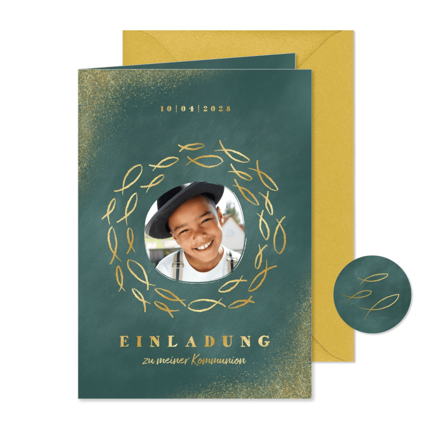Einladung zur Kommunion Foto und Goldfische - Karteneindruck