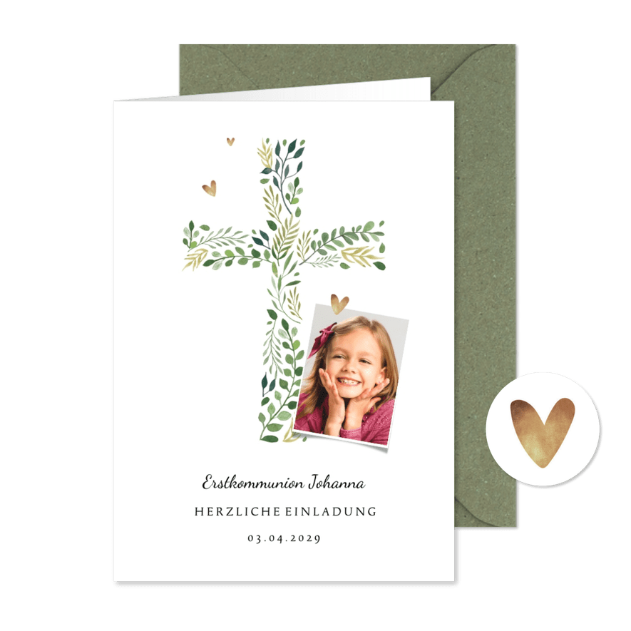 Einladung zur Kommunion Foto und Kreuz botanisch - Karteneindruck