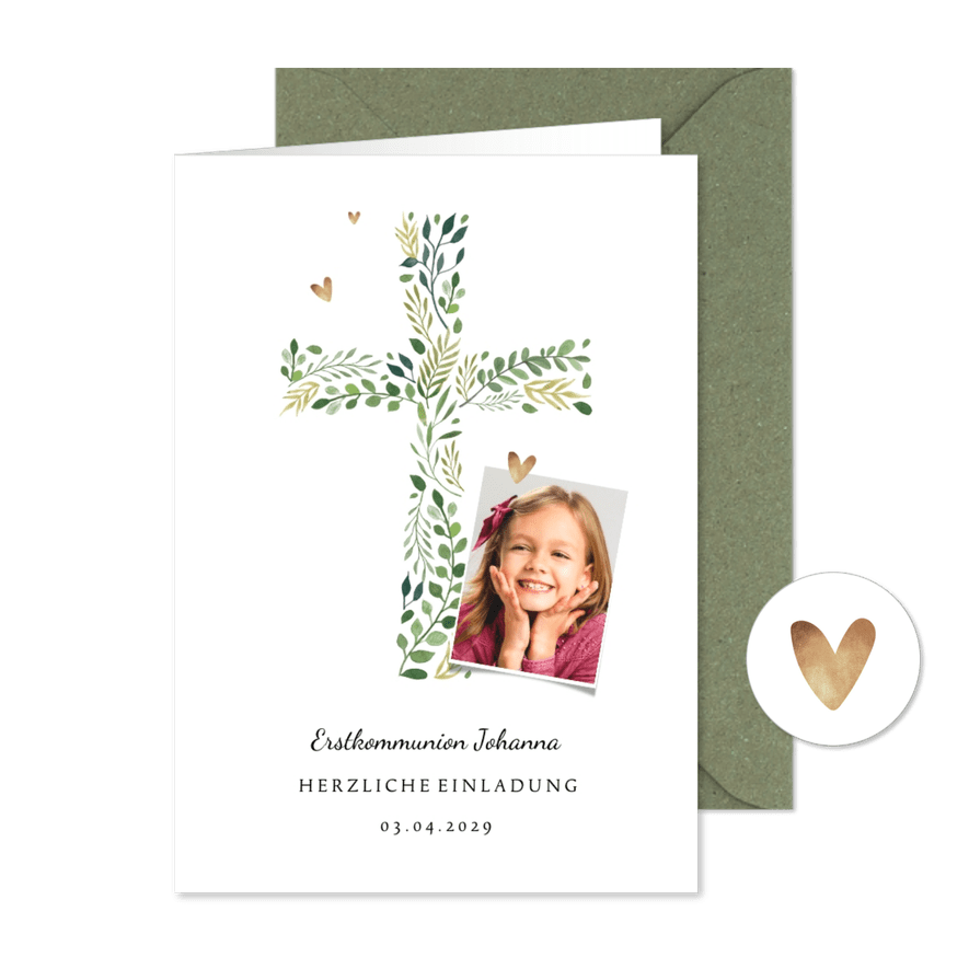 Einladung zur Kommunion Foto und Kreuz botanisch - Karteneindruck