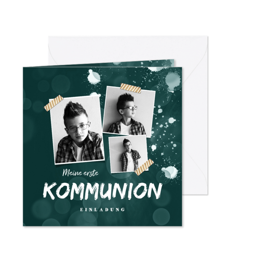 Einladung zur Kommunion Fotocollage & Farbpritzer - Karteneindruck