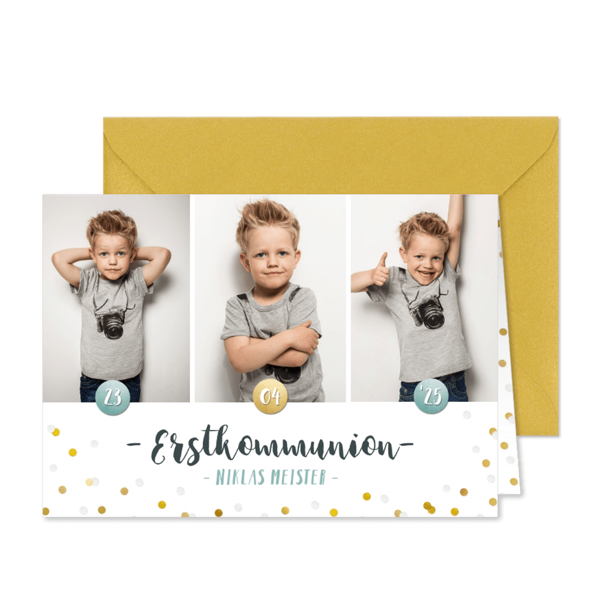 Einladung zur Kommunion Fotocollage & Konfetti blau - Karteneindruck