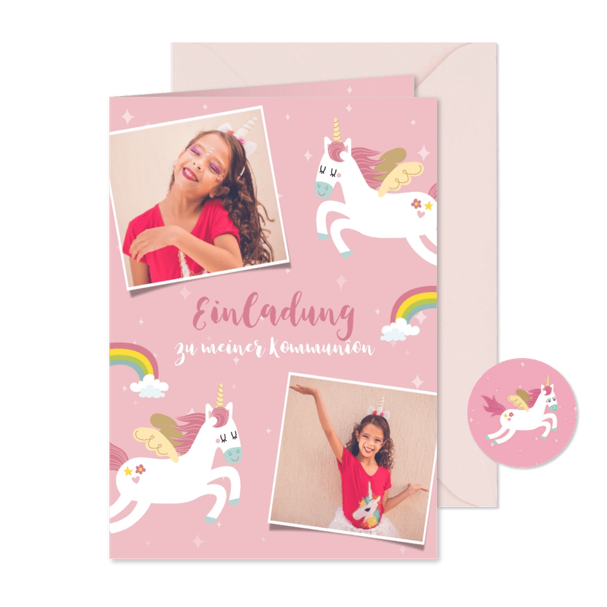 Einladung zur Kommunion Fotos & Einhorn - Karteneindruck
