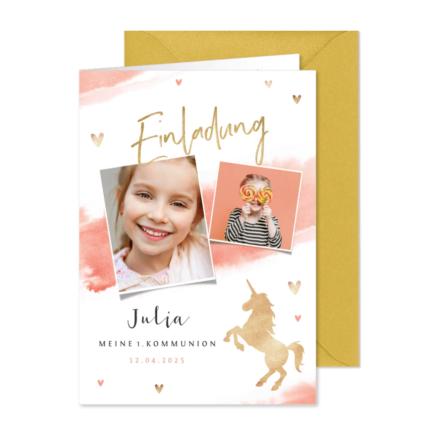 Einladung zur Kommunion Fotos & goldenes Einhorn - Karteneindruck
