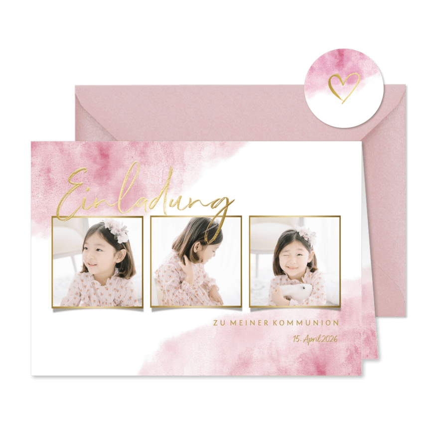 Einladung zur Kommunion Fotos, Goldlook & Wasserfarbe - Karteneindruck
