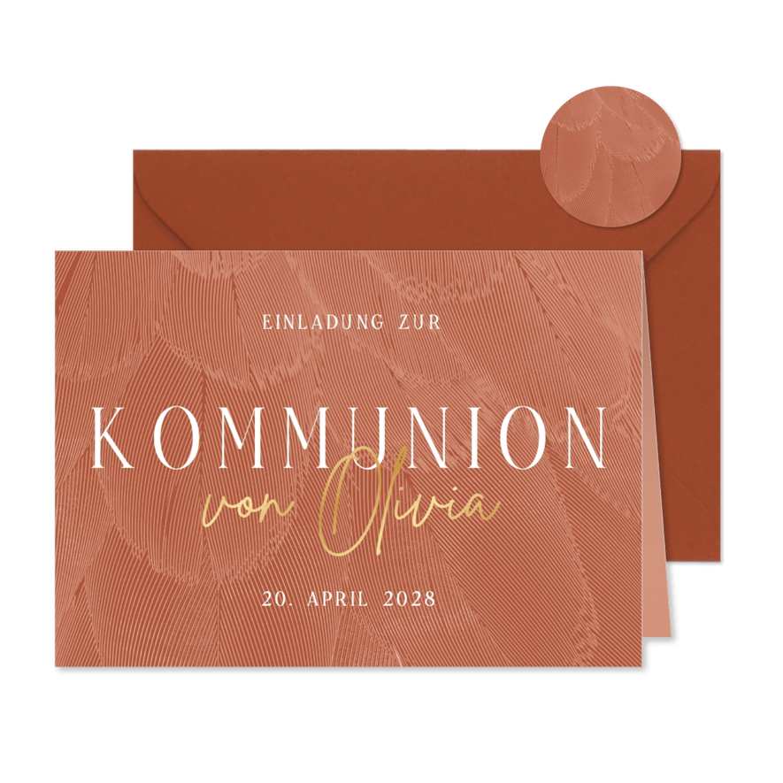 Einladung zur Kommunion Goldschrift auf Federn - Karteneindruck
