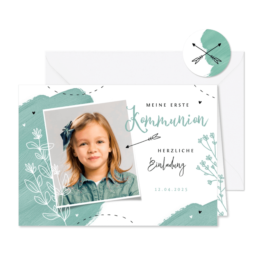 Einladung zur Kommunion grüne Farbkleckse - Karteneindruck