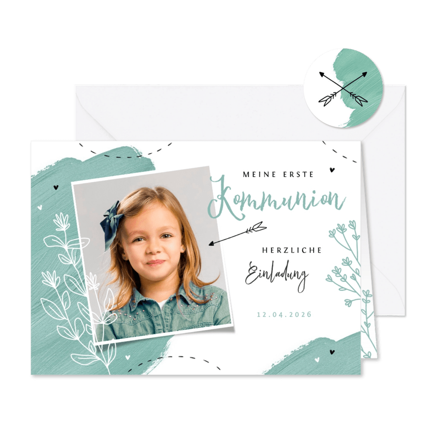 Einladung zur Kommunion grüne Farbkleckse - Karteneindruck
