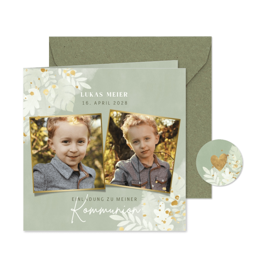 Einladung zur Kommunion mit Blättern, Fotos & Gold - Karteneindruck
