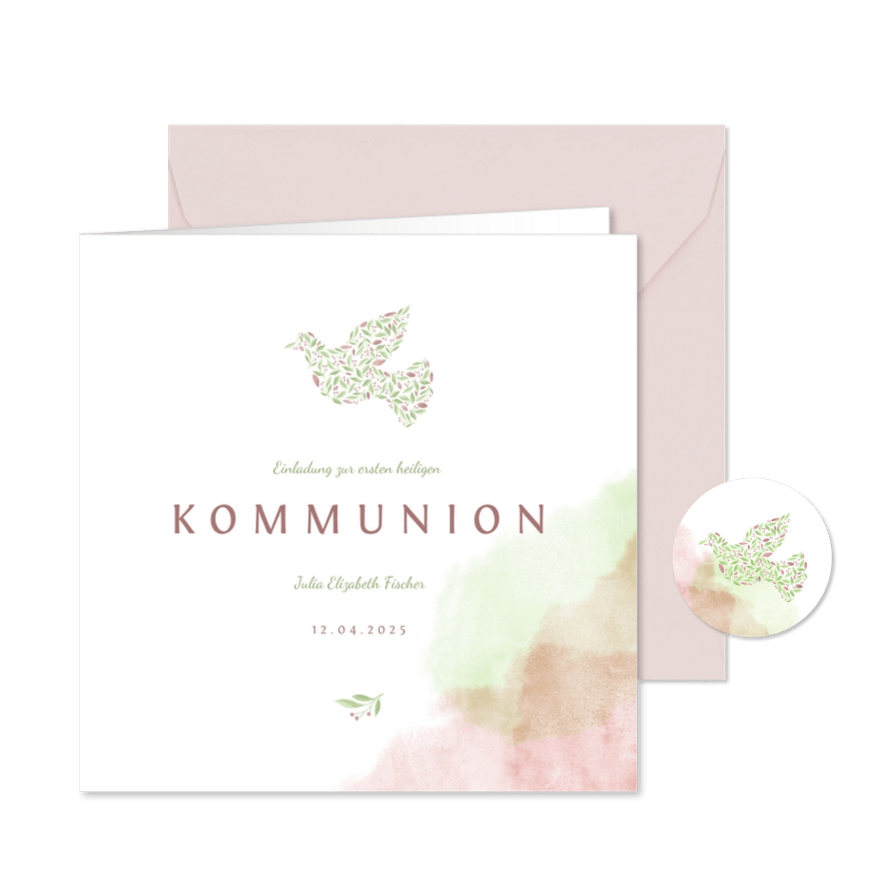 Einladung zur Kommunion mit Taube & Wasserfarbe - Karteneindruck