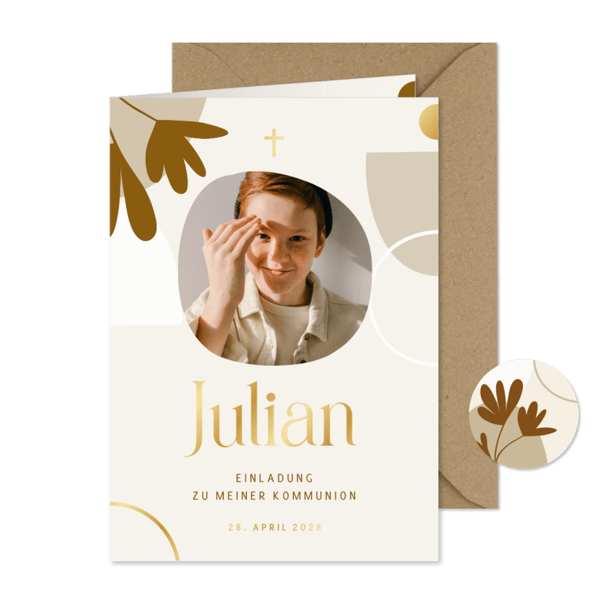 Einladung zur Kommunion naturell grafisch mit Foto - Karteneindruck

