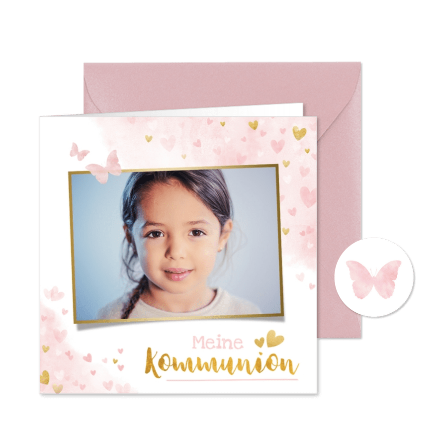 Einladung zur Kommunion rosa Aquarell mit Foto & Herzen - Karteneindruck