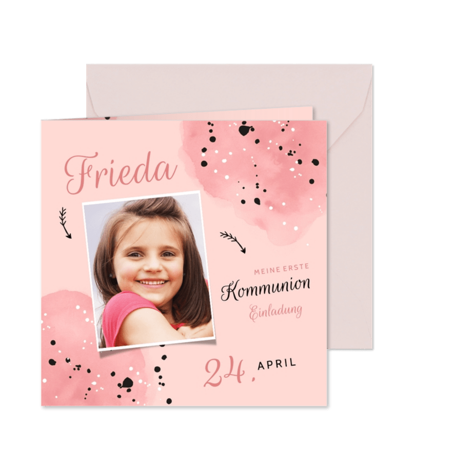 Einladung zur Kommunion rosa mit Foto - Karteneindruck