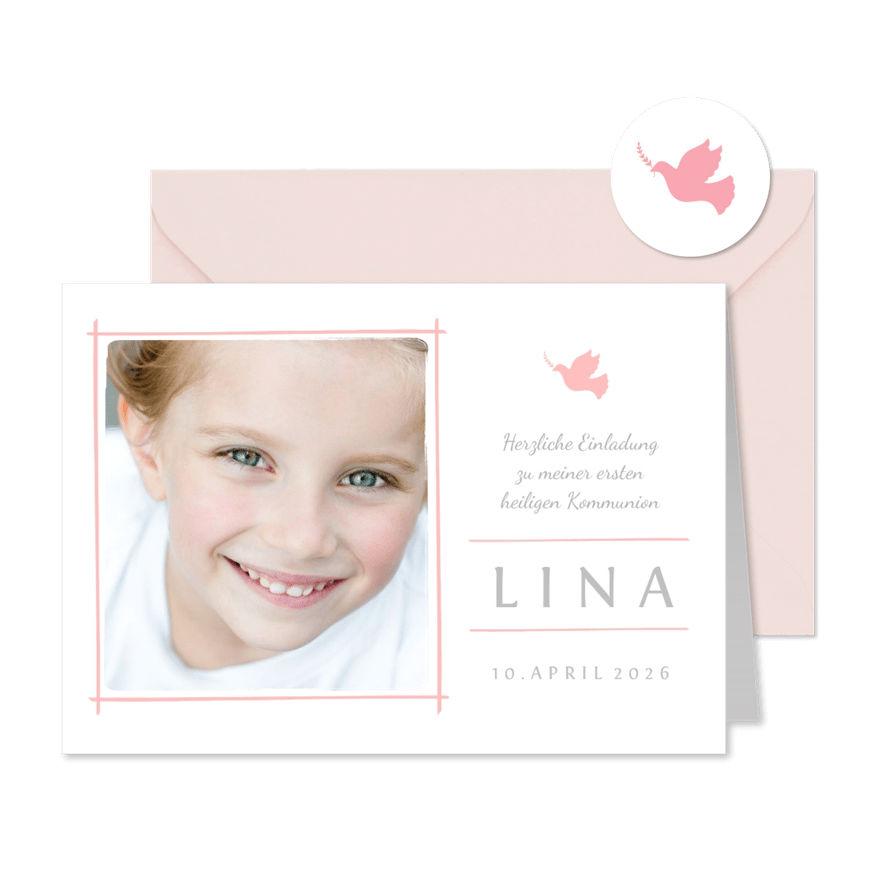 Einladung zur Kommunion rosa schlichte Eleganz mit Foto - Karteneindruck