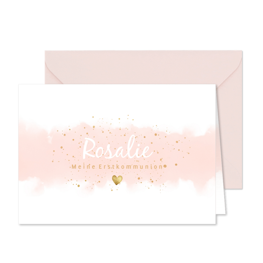 Einladung zur Kommunion rosa Wasserfarbe - Karteneindruck
