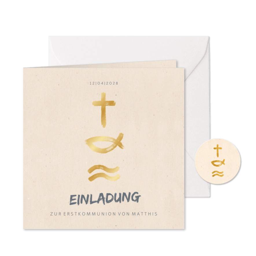 Einladung zur Kommunion Symbole in Gold - Karteneindruck
